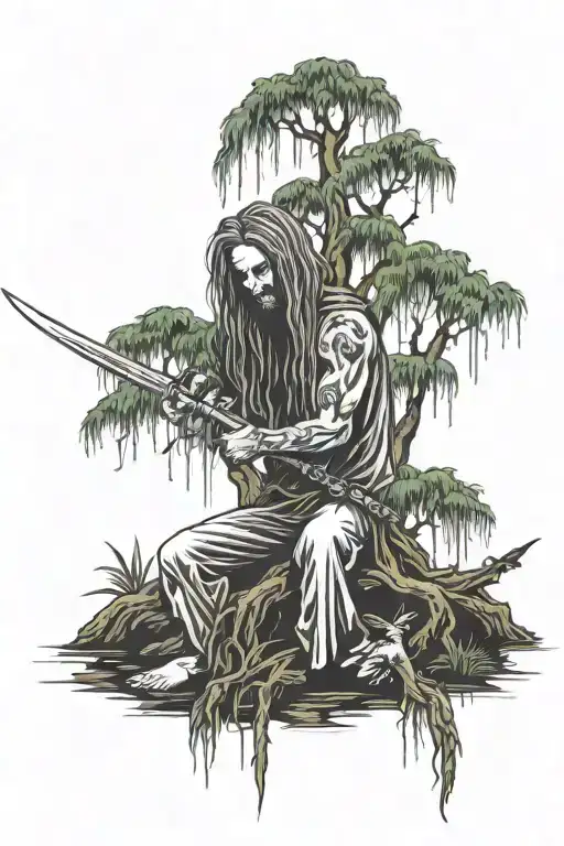 Weeping Willow Tree Half Growing Half Dead Human Sit On Dead Side Swords On Growing Side