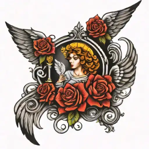 Relegious Tattoo Sleeve In Black And Grey Tattoo With Angel And Cross And Rose And Heaven Things