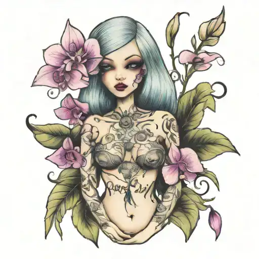 Broken Doll With Orchid Boquet Held Together