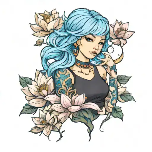 Blue Haired Girl With Blue Lotus Flower