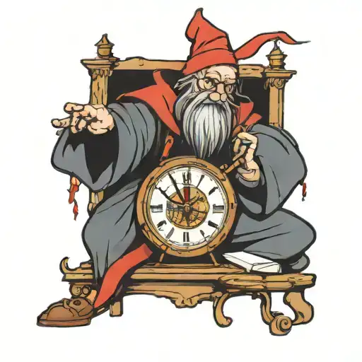 A Tiny Red Cartoon Wizard Inserting A Piece Of Paper Into The Top Of A Small Square Analog Clock