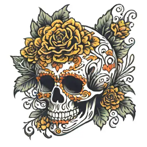 Sugar Skull Surrounded By Marigolds