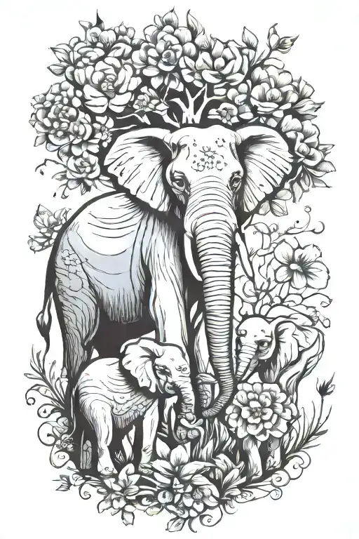 Elephant With Family And A Tree With Flowers Around