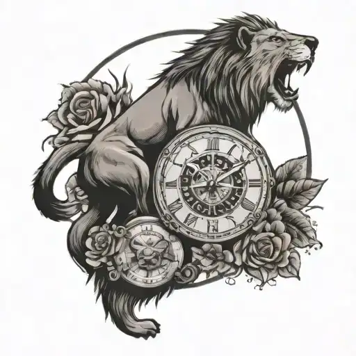 Lion With Clock And Wolf Below It With Nature Around The Wolf