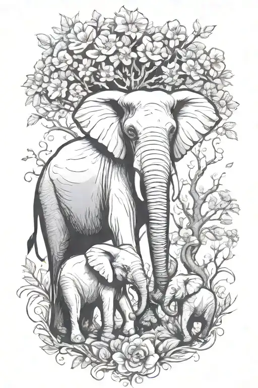 Elephant With Family And A Tree With Flowers Around