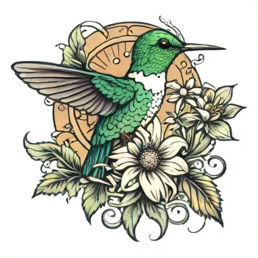Hummingbird Sitting On A Daisy Tattoo Design