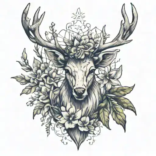 Stag Head With Gladiolus And Larkspur Flowers Incorporated As Well As A Subtle Hemp Leaf