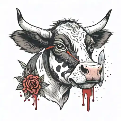 A Little And Cute Cow Whit A Knife In Her Mouth Whit A Bit Of Blood On It