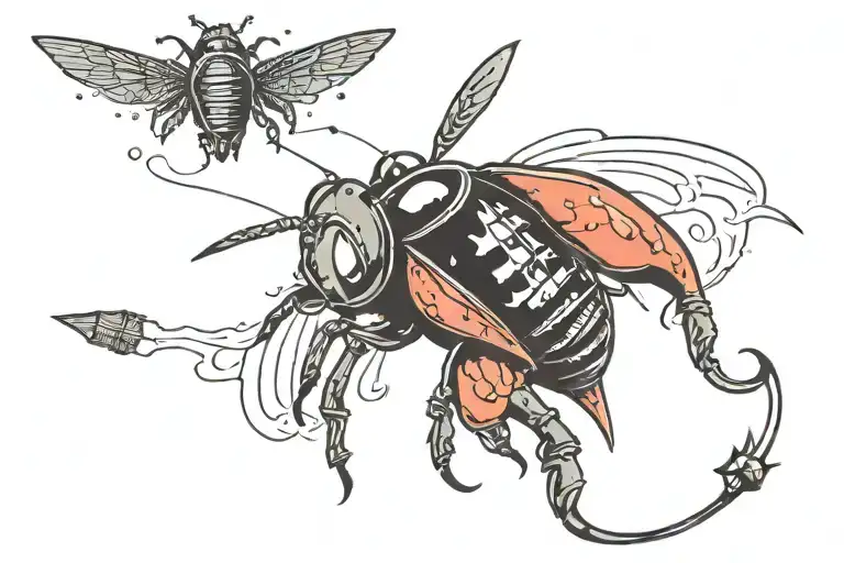 Bug And Rocket Ship In Black Writing Simple And In A Different Language