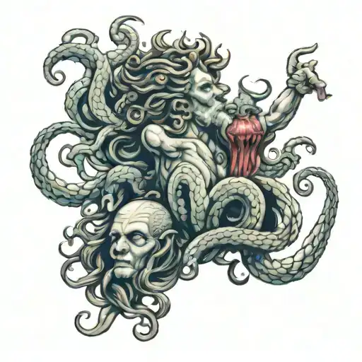 Vertical Tattoo Of Medusa Holding Poseidon's Head