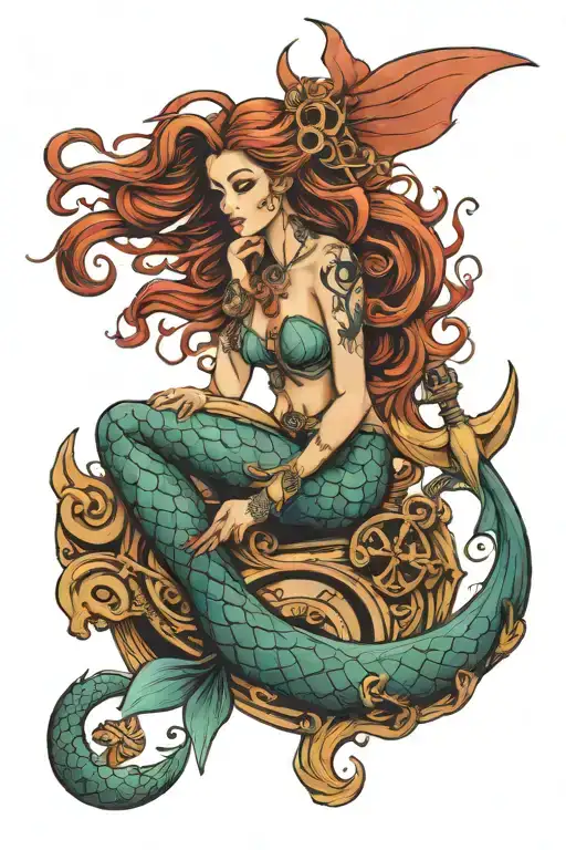 Mermaid Sitting On Anchor Intertwined
