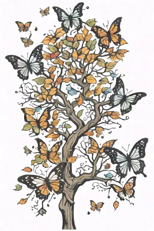 Tree With Leaves Falling Turning Into Butterflies Flying