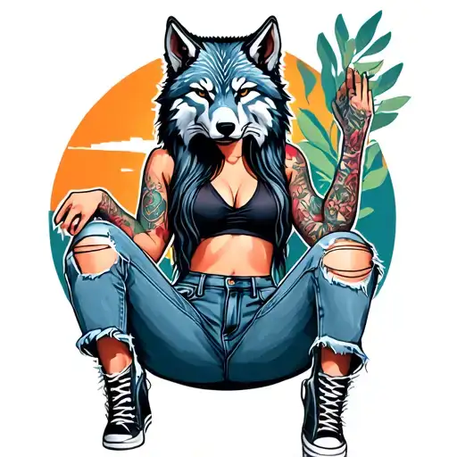 Tattoo Girl Wearing A Wolf Mask In Denim Ripped Jeans