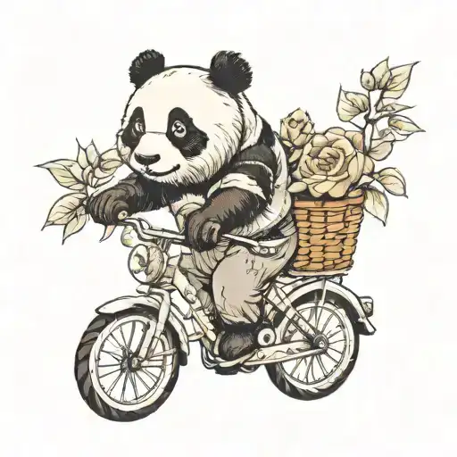 Panda Riding Bicycle With Puppy In A Front Basket