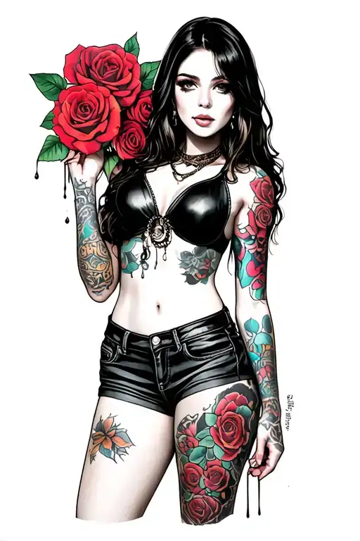Tattoo Girl In Leather Full Peice Costume In Denim Shorts With Bacground Redvroses Fine Line Drips