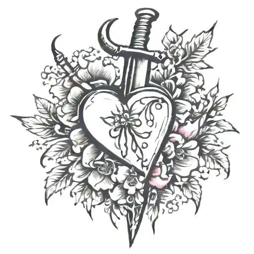 Broken Heart With Daggers And Blooming Bleeding Flowers