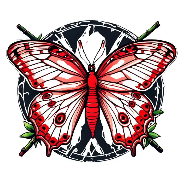 Red Figure Of 8 Butterfly With 2 Bamboo Sticks Crossing Behind It In Tramp Stamp Style