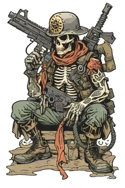 Skelton With Marine Cover On And Boots Holding A M16 With A Cigarette