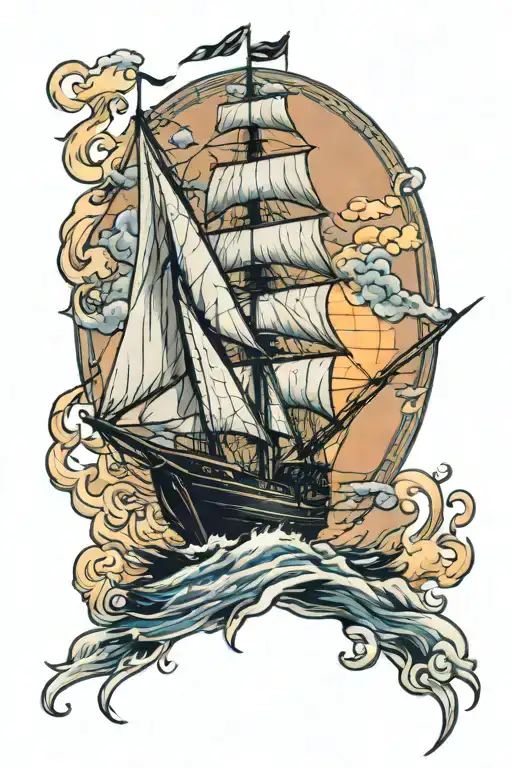 A Sailboat Sailing Away Into The Sunset During Rough Seas And Full Sails