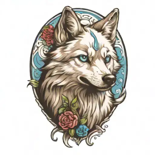 Happy Wolf Puppy With Blue Eyes Surrounded