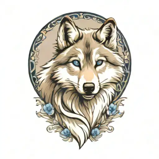 Happy Tongue Gray Wolf Puppy With Blue Eyes Surrounded