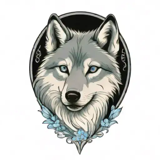 Happy Tongue Gray Wolf Puppy With Blue Eyes Surrounded