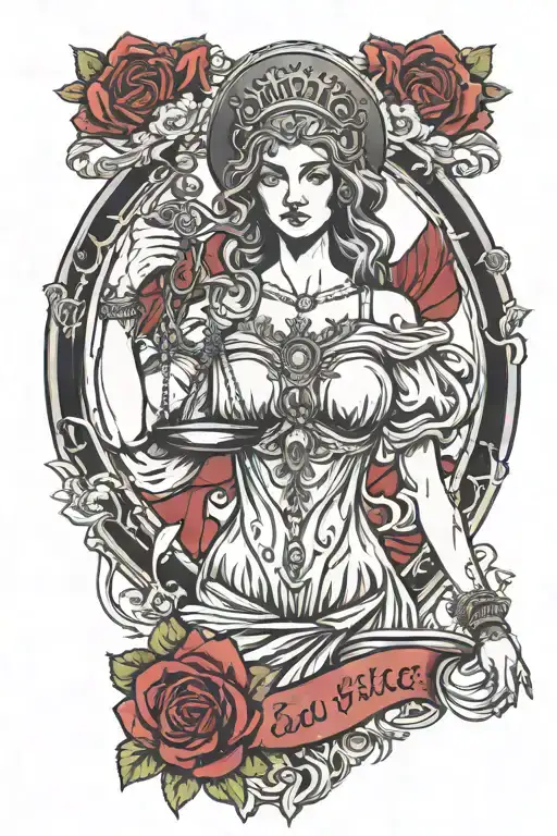 Lady Justice With Heart And Gun Surrounded