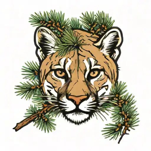 Mountain Lion Peering Through Pine Branches