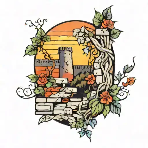 Stone Wall Wrapped In Vines Sunset Sky