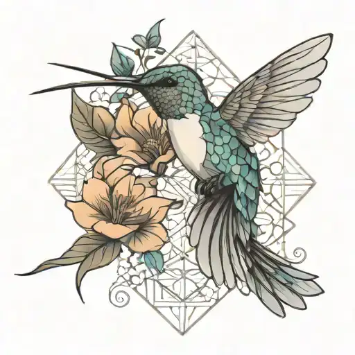 A Black-grey Tattoo Of A Hummingbird Feeding On A Geometric Flower
