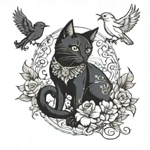 Black Cat And Bird Carrying