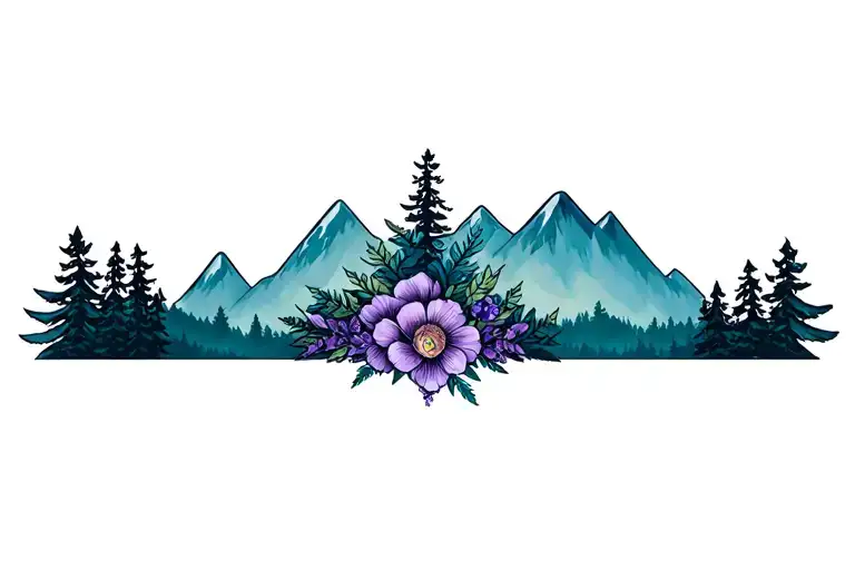 Forest And Mountains With Accent Flowers Intertwined Colors Amythest And Topaz