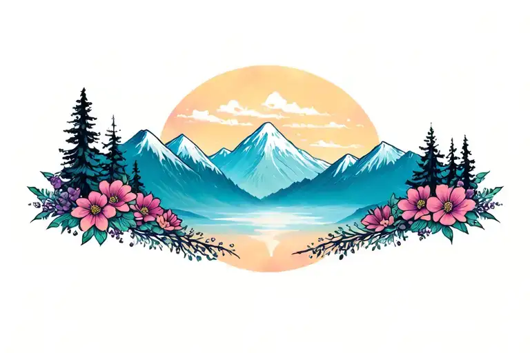 Forest And Mountains With Accent Flowers Intertwined Colors Amythest And Topaz