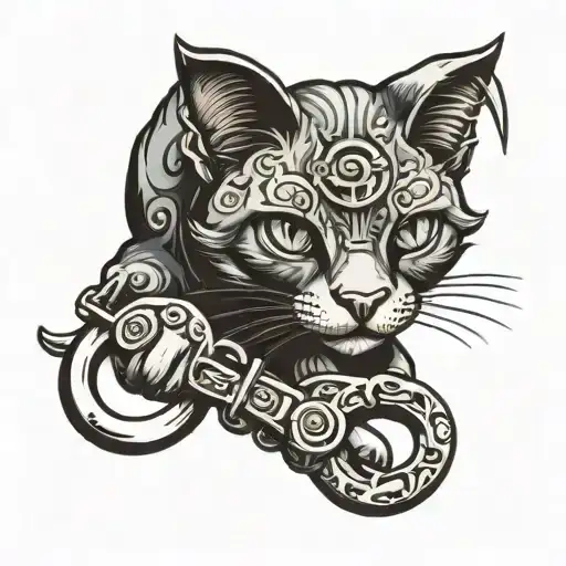 A Neotraditional Tattoo Of A Cat Playing With Handcuffs