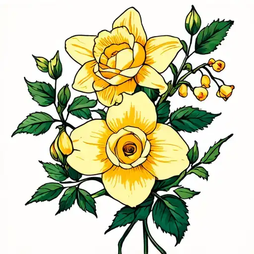 A Daffodil And Rose And A Honeysuckle Tied Together With A Vine