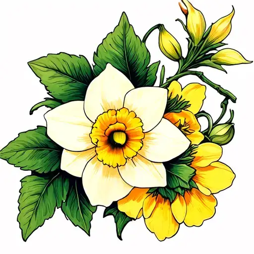 A Daffodil And Carnation And A Honeysuckle Tied Together With A Vine