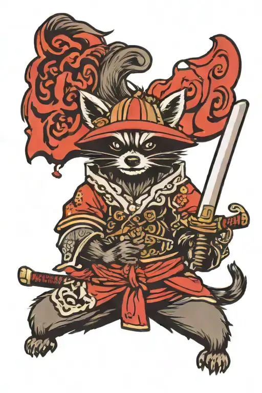 Angry Raccoon Grins In Samurai Style With Samurai Swords