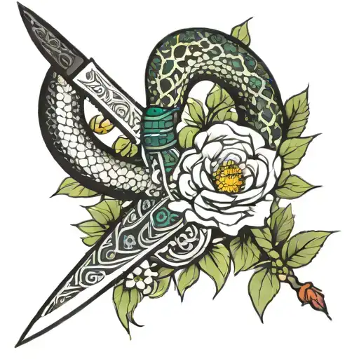 Knife Wrapped In Snake And Flower Surrounded