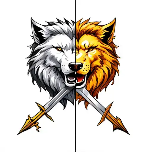 Make Forearm Tattoo With Half Lion Half Wolf With Sword Or Arrow In Between Them