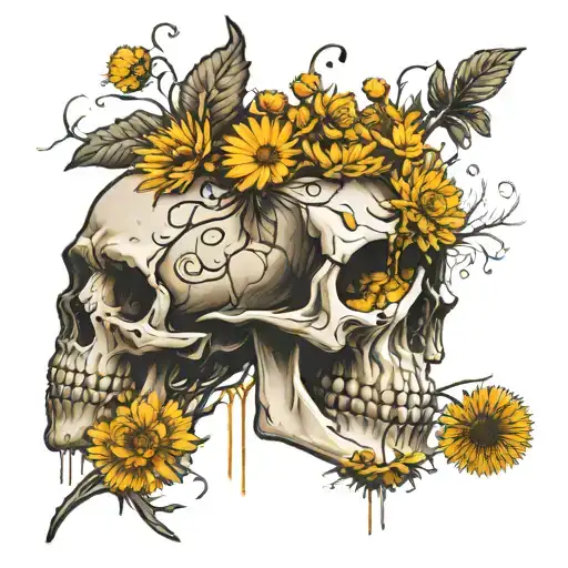 Skull Creeped With Dandelions Having Tears In Left Eye And Ensuring Time Valuable