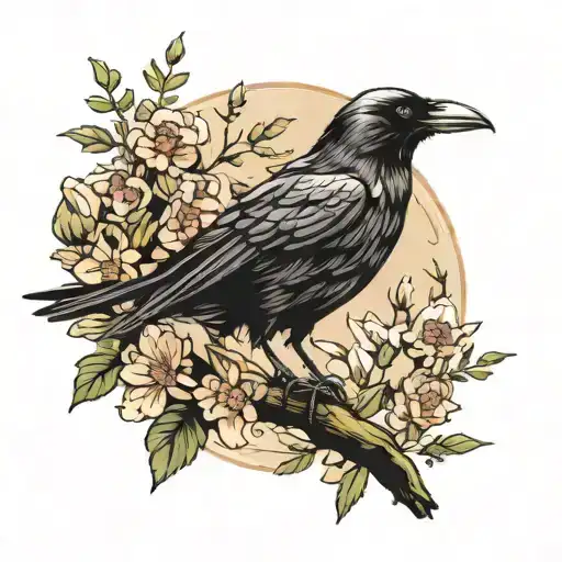 Crow Perched With Wild Flowers And Vervain