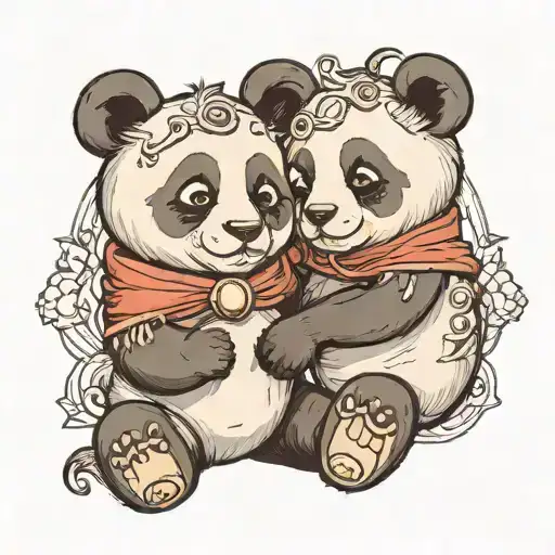 A Big Cute Cartoon Panda With A Halo Has His Arms Over A Small Panda And Both Looking Away