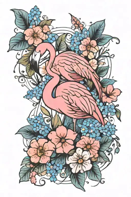 Flamingo And Forget Me Not Flowers