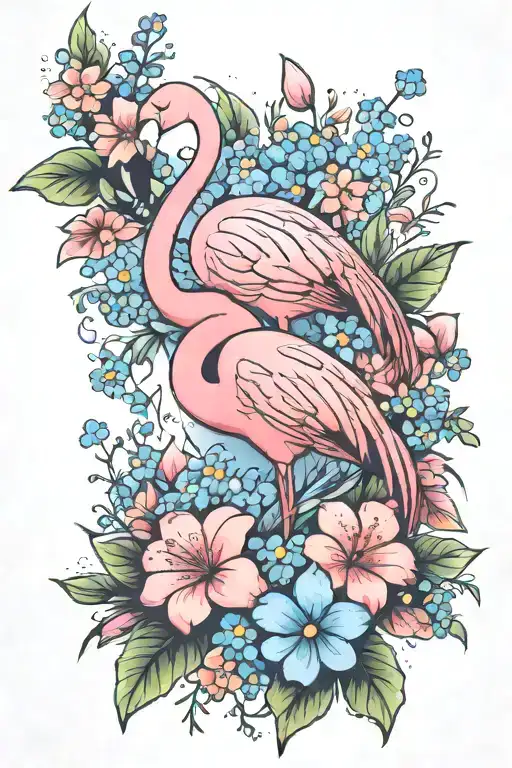 Flamingo And Forget Me Not Flowers