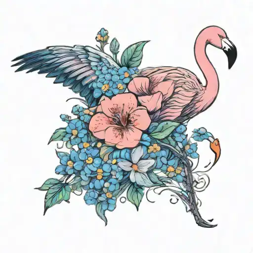 Flamingo And Forget Me Not Flowers