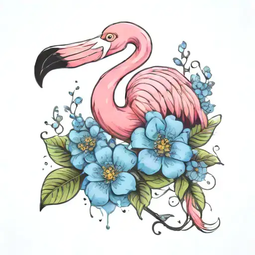 Flamingo And Forget Me Not Flowers