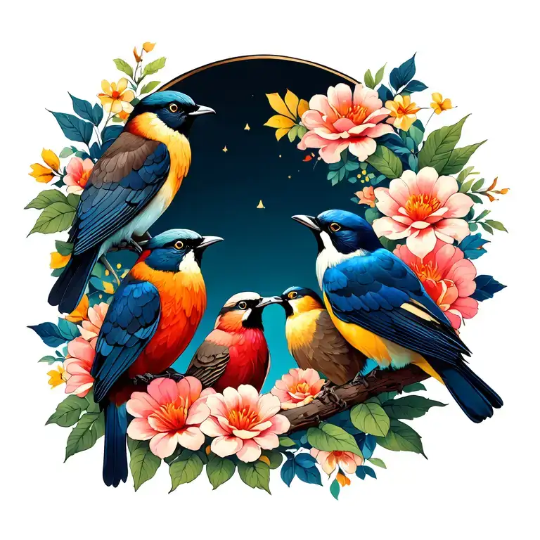 Four Birds With Flowers And A Sky View