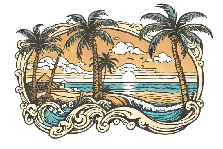 Beach Sunset With Palm Trees And Ocean Wave Neck Sleeve