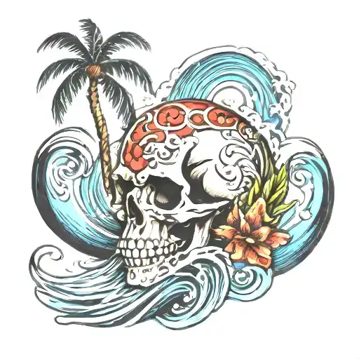 Skull In Waves Surrounded By Palm Trees