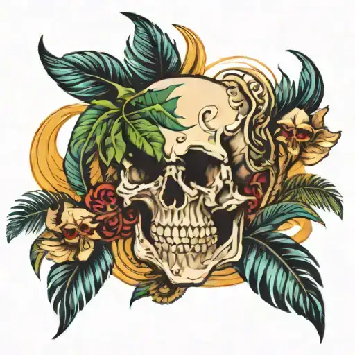 Skull In Waves Surrounded By Palm Trees